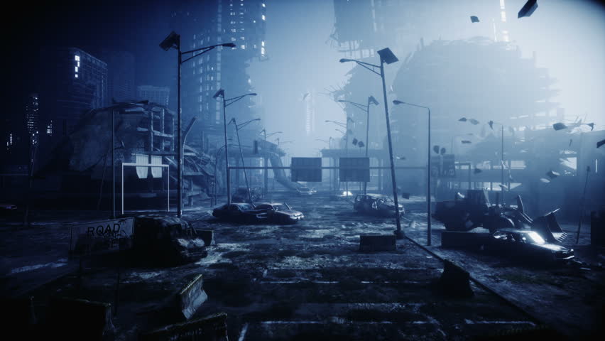 Apocalypse City in Fog. Aerial Stock Footage Video (100% Royalty-free