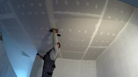 Plasterer Man Spackling Ceiling Sheet Stock Footage Video