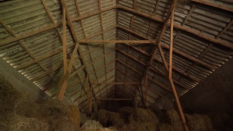 Old Cowshed With Straws Wooden Construction Roof Asbestos Boards Dark Atmosphere