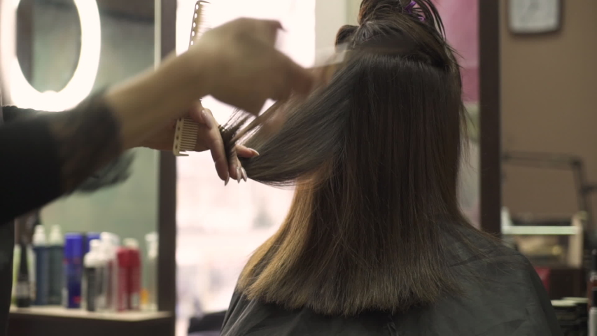 Hd00 36young Hairdresser In Black Apron Trims Beautiful Dark Hair