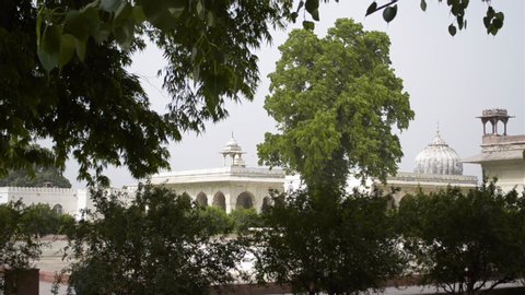 Panning Shot Of The Garden Of Beautiful Ancient White Marble Outer Interiors Architectures Of Red Fort Delhi Panning Shot