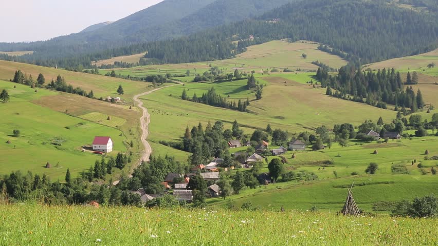 Beautiful Green Hills And Cottage With Red Roof In Village, Ukraine ...