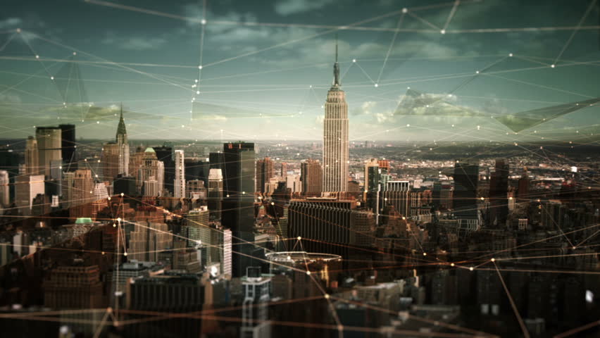 Aerial view of Manhattan Skyline with connections. Technology-Futuristic. Shot of midtown Manhattan at daylight. Empire State Building, Chrysler Building, Madison Square Garden.