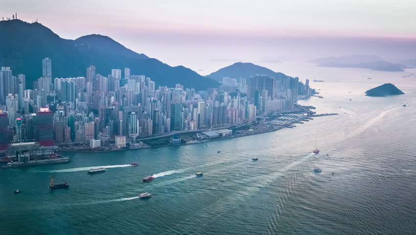 Panning Time Lapse Aerial Panorama Of Hong Kong Island With Cargo Port ...