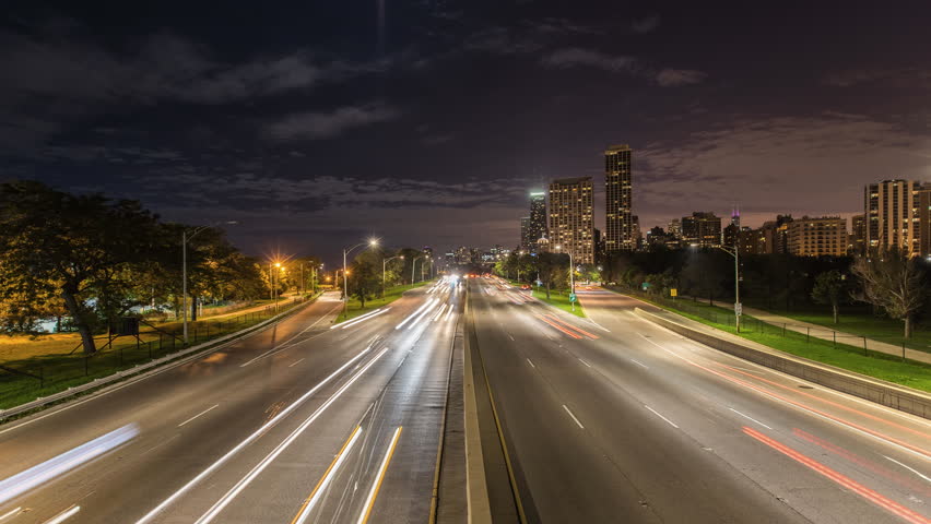 Chicago Skyline With Highway Traffic At Night Time Lapse, USA. Dynamic ...