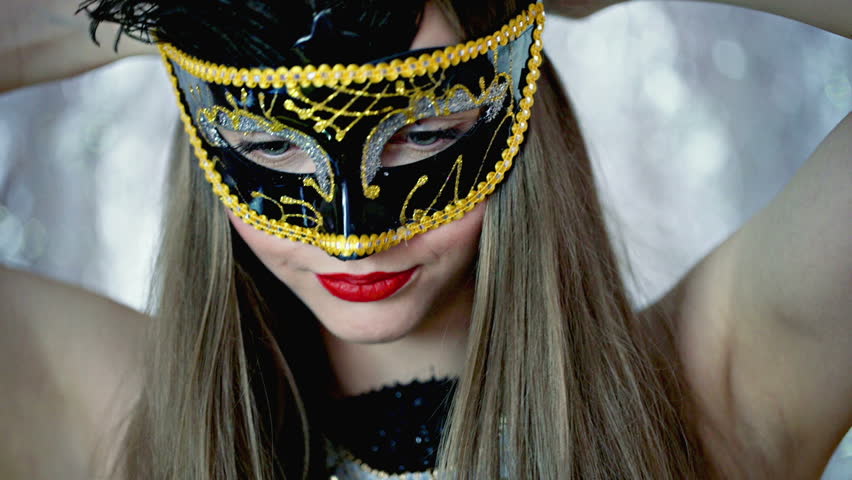 Beautiful Sexy Woman Wearing Venetian Masquerade Mask At Party Drinking