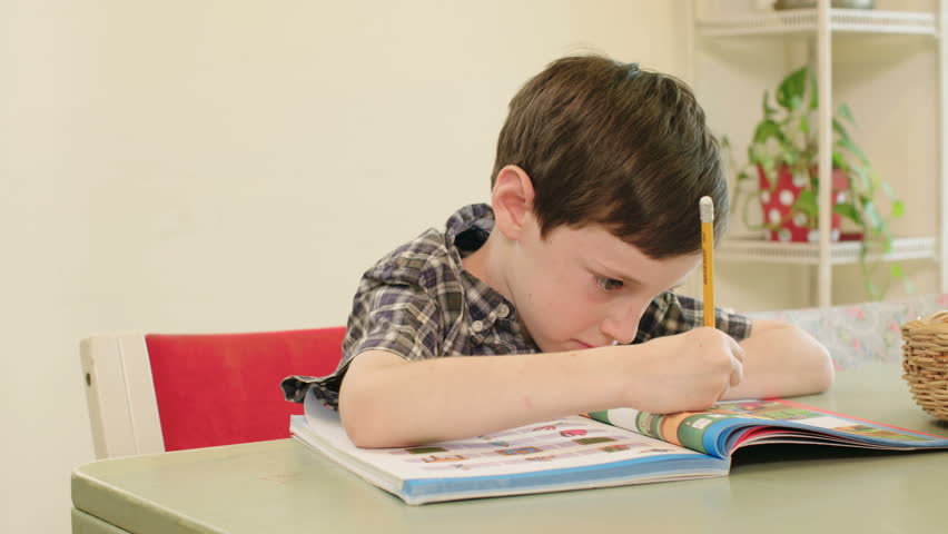 Полный изучение. A child preparing for an Exam. Schoolboy study. Do homework. His homework.