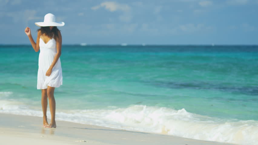 Latin American Girl Walking On Tropical Beach At Sunrise Shot On RED ...