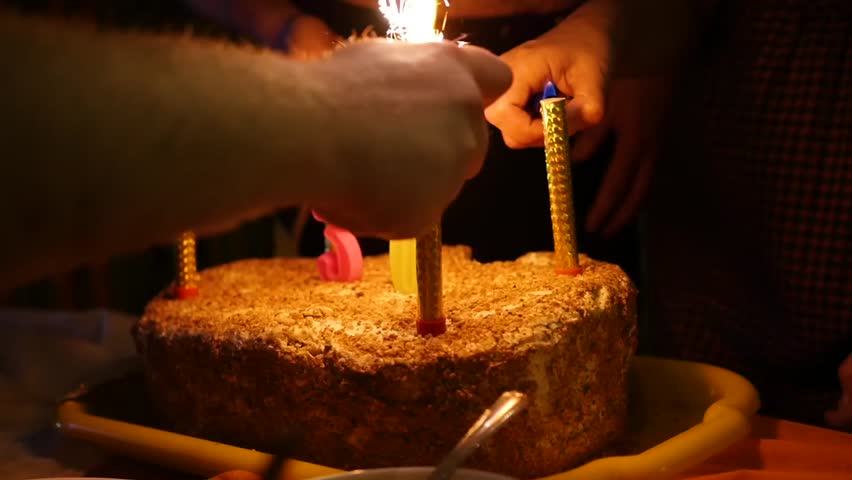 Birthday Cake With Candles Spark Fireworks In Dark Room Ignition