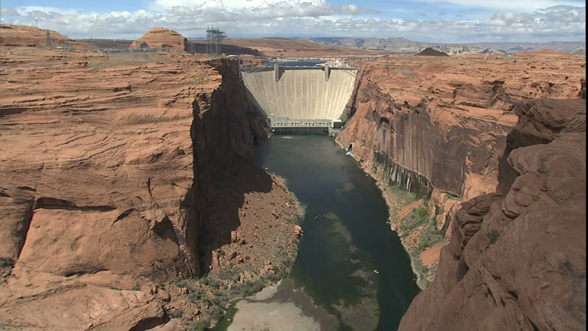 Glen Canyon Dam And Colorado River, Zoom Down To River And Boats Parked ...