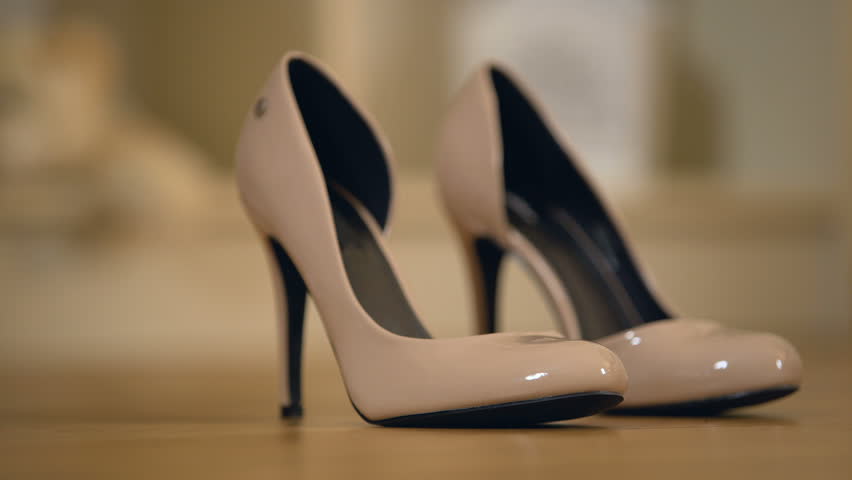 Close Up Young Woman Legs First Wedding Night Bride Comes To A Feet Of Little Putting Mothers High Heel Shoes On And Walking Childhood 4k