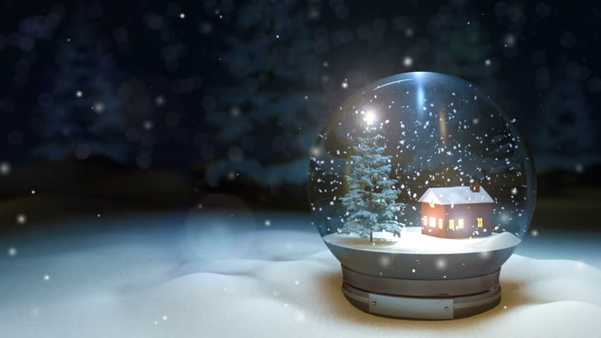 Merry Christmas Background By Christmas Tree And House In Snow Globe ...