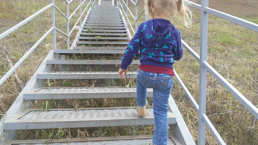 Little Girl Child Climbing Stairs In Park, Playing Girl ...
