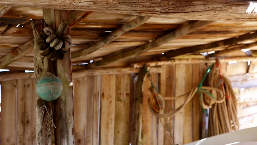 Balearic Islands Fisher Boat Wooden Sunroof House With Buoy Ropes