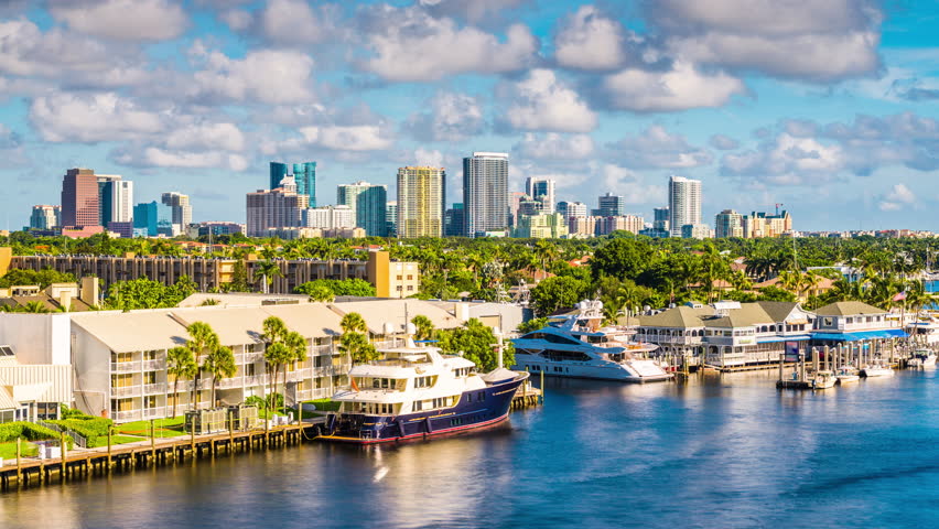 Fort Lauderdale, Florida Skyline At Night On New River - Time Lapse 