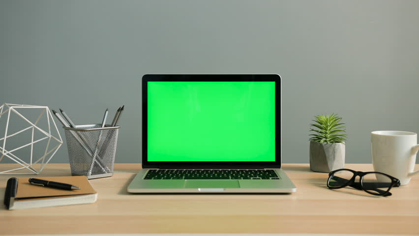 Computer Desk With Colorful Office Elements. Lateral Dolly. Chroma Key ...