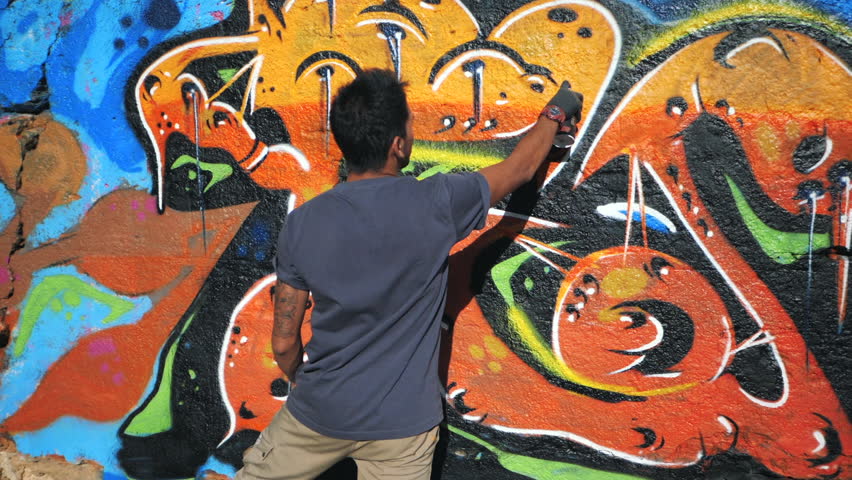 Graffiti Artist Painting With Aerosol. Man With Spray Bottle. Slow ...