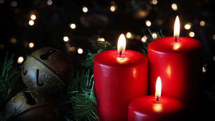 Looping. Red Christmas Candle Flicker Alongside Christmas Bells And 