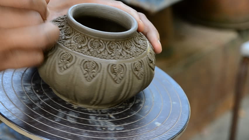 Detailed Molding Clay Sculpted Potter Artist Sculpting Pots On Spinning ...