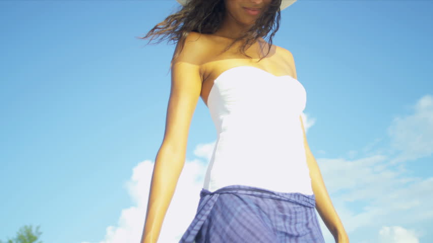 Happy Latin American Girl White Swimsuit Blue Sarong Loving Life On