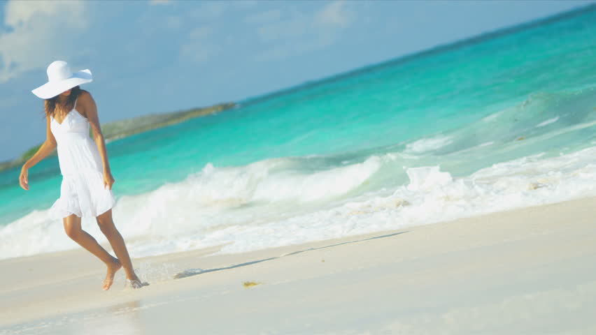 Pretty Latin American Girl In Sundress Hat Barefoot Beach Vacation ...