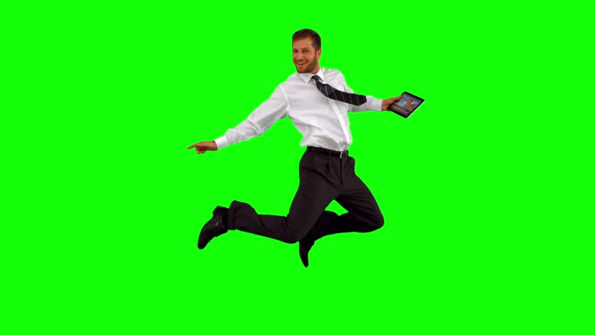 Man Jumping And Gesturing On Green Screen In Slow Motion Stock Footage