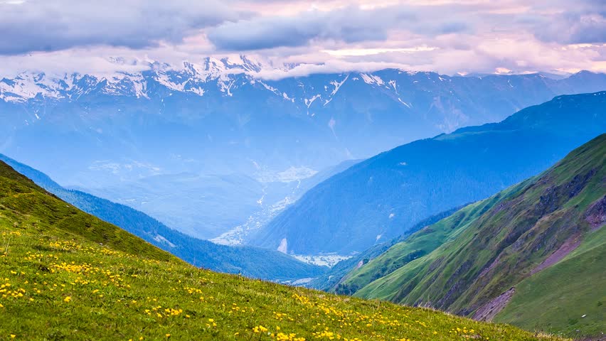 Majestic Sunset At The Foot Of Mt. Shkhara. Dramatic Sky. Upper Svaneti 