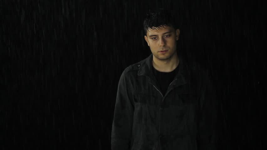 Young Man Standing Wet In Rain Depression Sadness Loneliness Stock ...