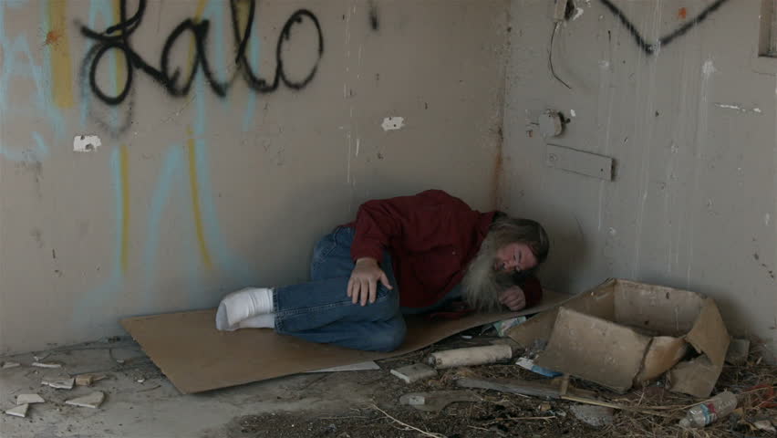 Abandoned Building Homeless Man In Corner Sleeping HD. Homeless Man