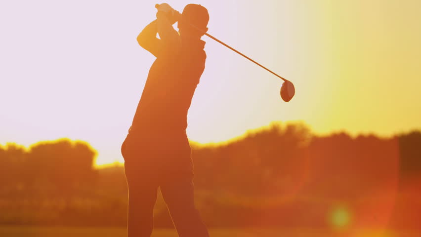 Silhouette Male Golfer Enjoying Time Golf Course In Summer Driving Off ...