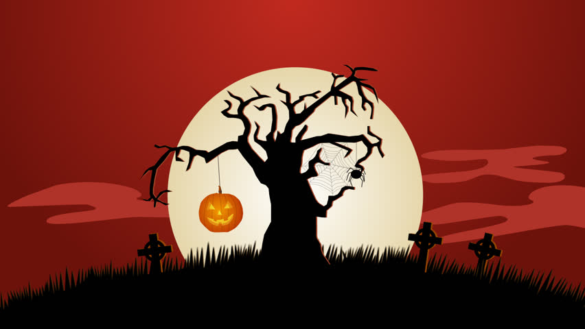 01629 A Creepy Graveyard Halloween Background Scene With Graves, Evil ...