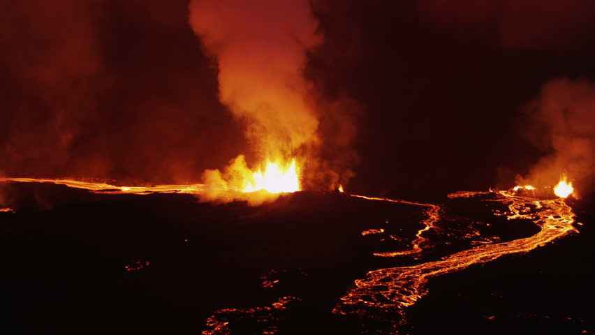 Aerial Night Volcanic Lava Holuhraun Eruption Magma Emerging Land ...