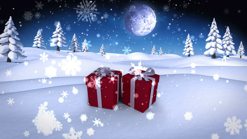 Digital Animation Of Snow Falling On Christmas Presents In Snowy ...