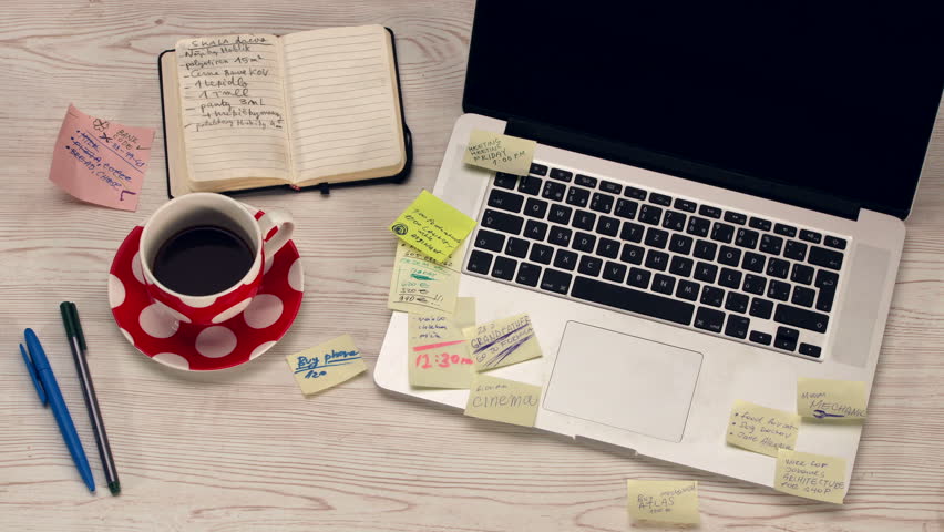 Office Desk With Notebook Laptop Stock Footage 100 Office Desk With Notebook Laptop And Coffee Covered Post It Papers Timelapse 4k