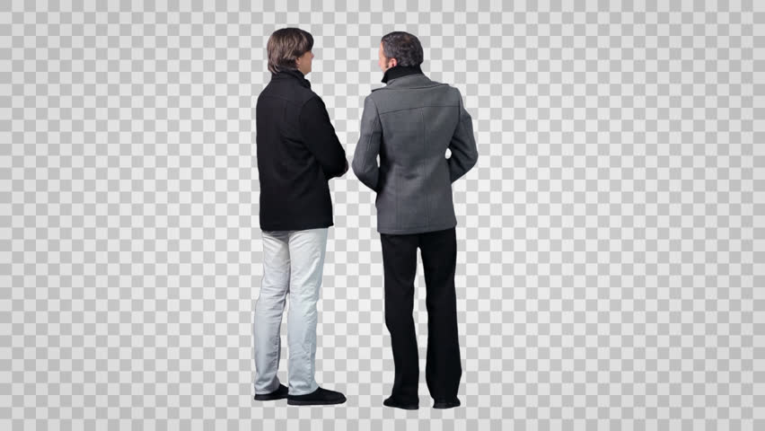 Two Men In Casual Stand Side By Side, Discuss, Laugh. Front View ...