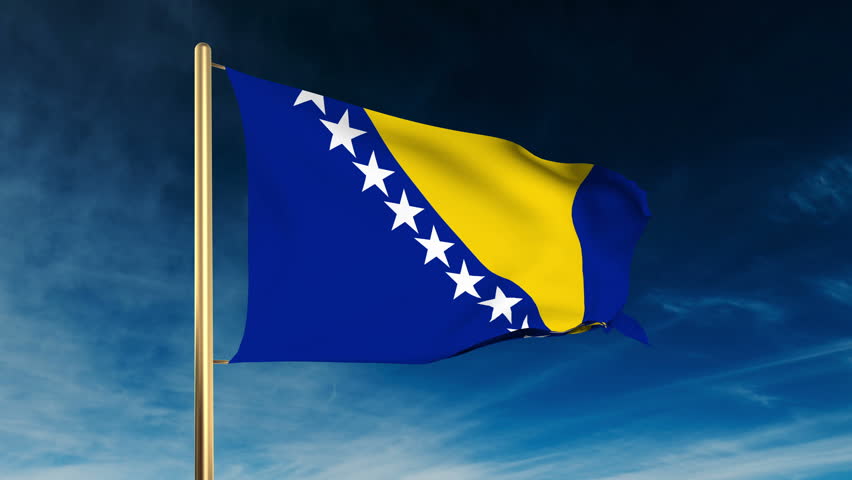 Flag Of Bosnia And Herzegovina Waving In The Wind With Flagpole - Very ...