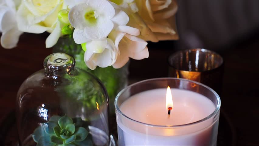 Bouquet Of Flowers In A Vase, Candles On A Tray, Vintage Home Decor ... Bouquet Of Flowers In A Vase, Candles On A Tray, Vintage Home Decor ...
